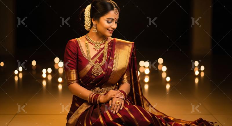 Elegant Indian Woman in Traditional Red Silk Saree and Gold Jewe