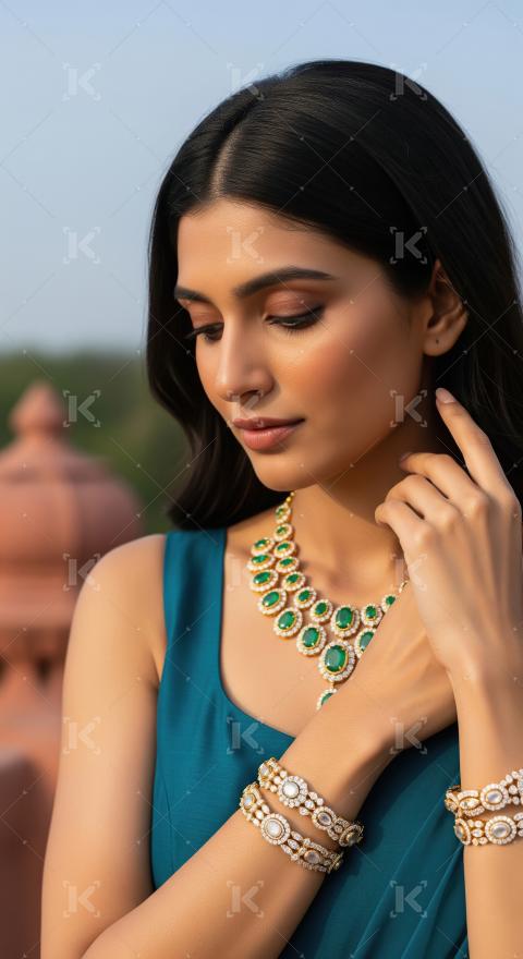 Elegant Indian Woman Adorned in Exquisite Emerald Diamond Jewelr