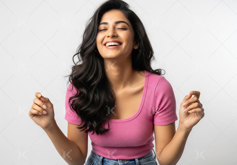 Joyful Indian Woman Laughing with Eyes Closed Happily