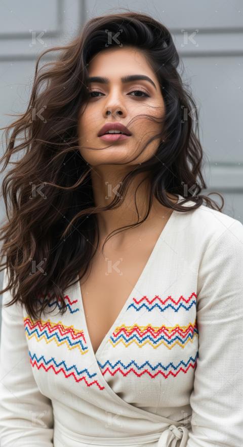 Stunning woman with expressive eyes and wind-swept dark hair