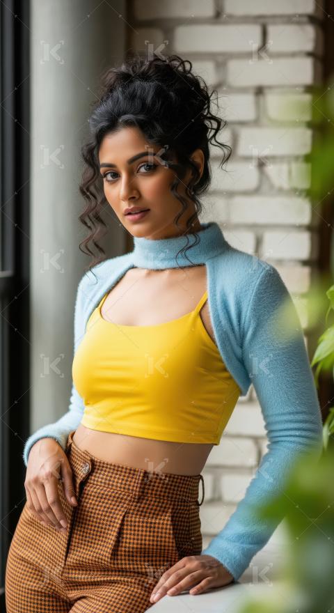 Stylish woman in vibrant outfit poses against modern brick wall
