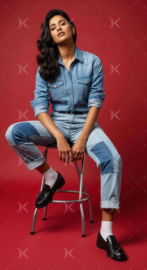 Confident woman posing in stylish denim outfit on red background