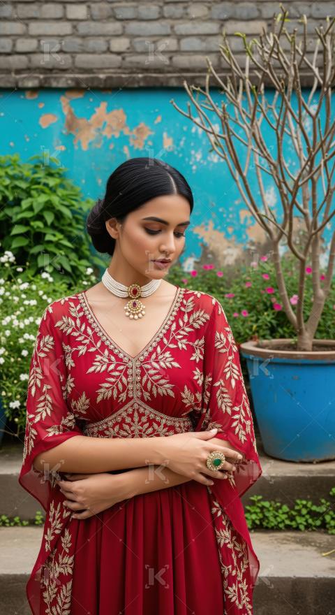 Elegant Woman in Red Embroidered Kaftan with Traditional Jewelry