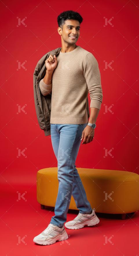 Smiling Young Man in Casual Fashion on Red Background
