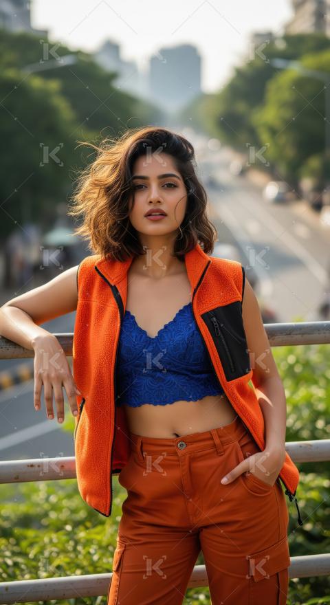 Confident Woman's Urban Style in Vibrant Orange and Blue
