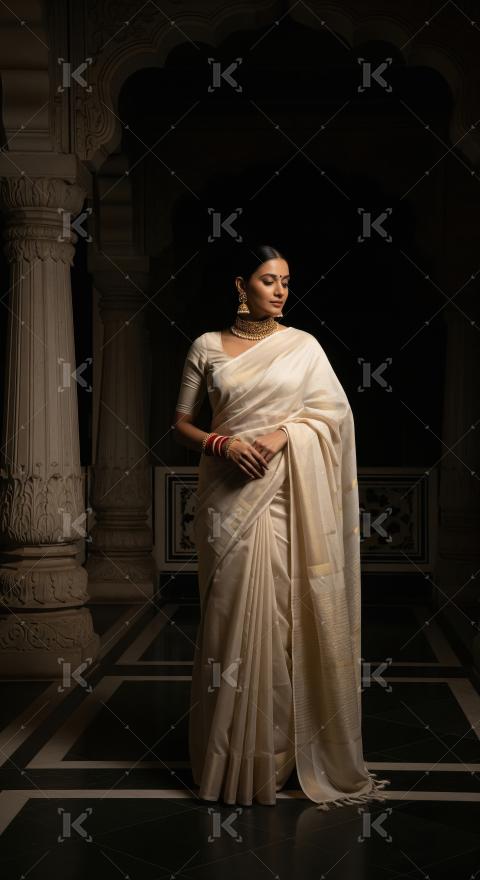 Elegant Indian Woman in Saree, Traditional Palace Setting