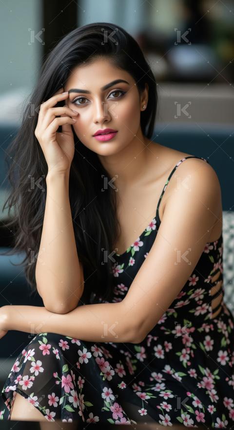 Beautiful Indian Woman Posing Elegantly in Floral Dress