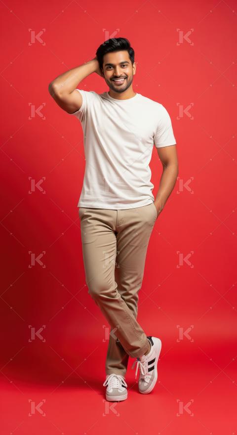 Smiling Young Man in Casual Attire Against Red