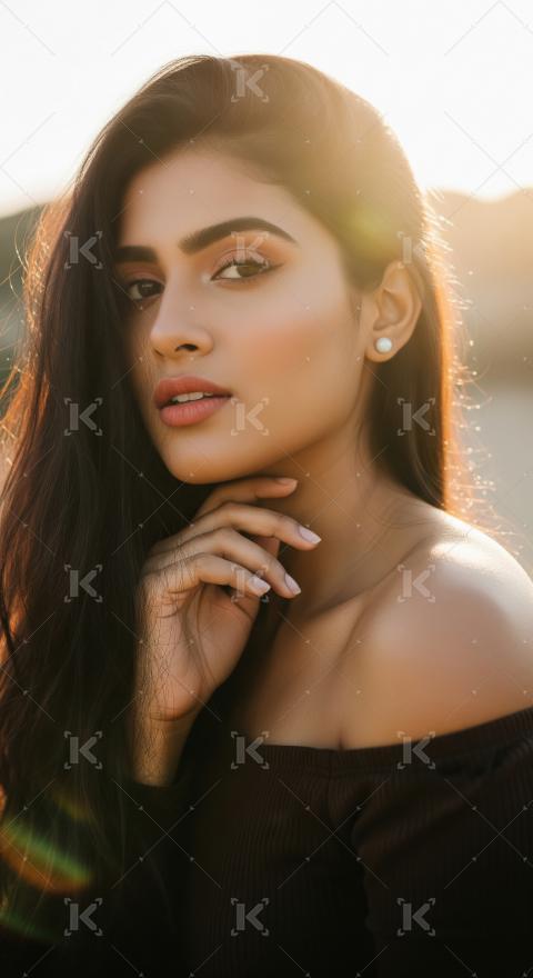 Stunning Young Woman with Radiant Skin in Golden Hour Sunlight