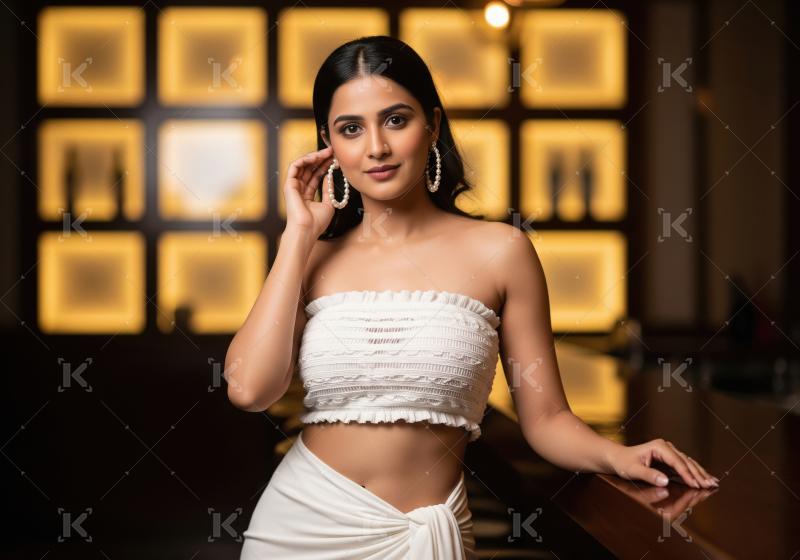 Stylish Indian Woman with Pearl Earrings Poses in a Chic Bar