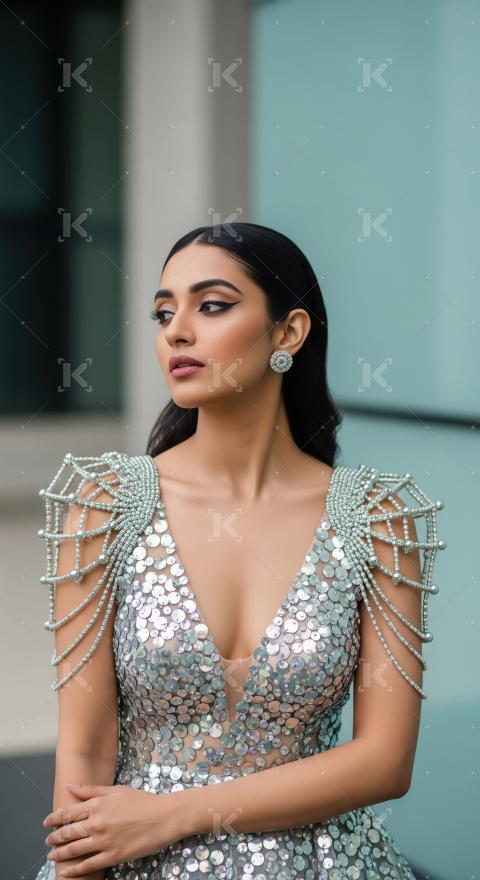 Elegant woman in shimmering sequin gown with beaded shoulders