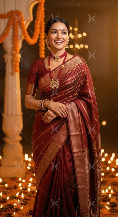 Beautiful Indian Woman in Saree Celebrating Festival with Diyas