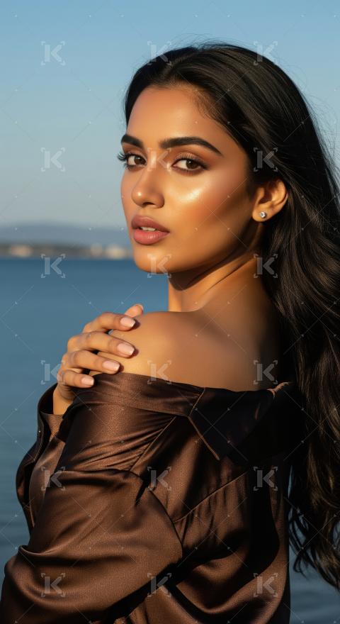 Radiant beauty portrait by the ocean at golden hour