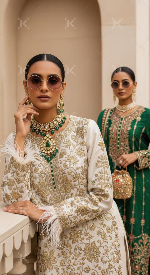 Opulent South Asian Fashion: Elegant Embroidered Attire and Jewe