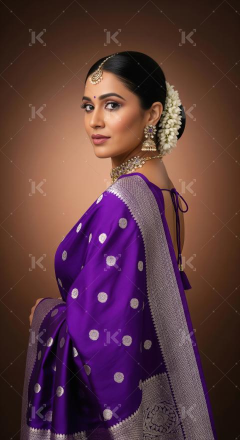 Beautiful Indian woman in traditional purple silk saree and jewe