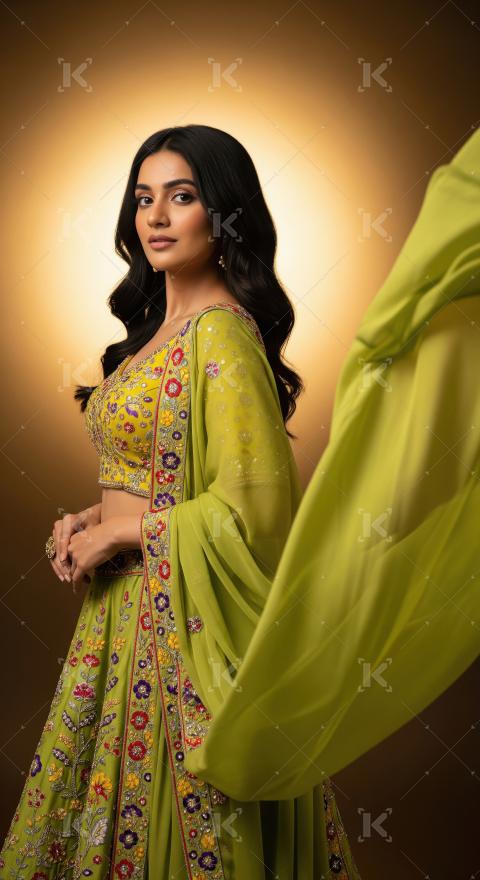 Indian Woman Posing in Traditional Embroidered Green Lehenga Cho