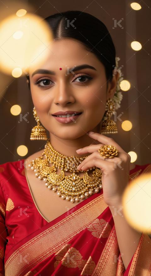 Elegant Indian Woman in Traditional Red Saree and Gold Jewelry