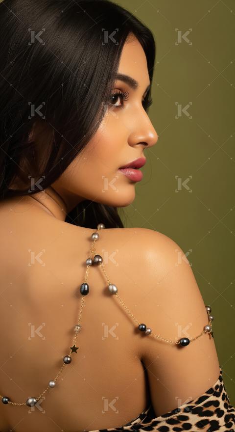 Elegant Woman Adorned with Pearl Body Chain Jewelry