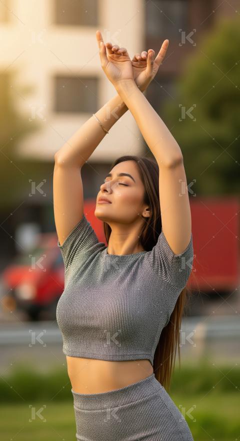 Stylish woman with raised arms enjoying a serene moment