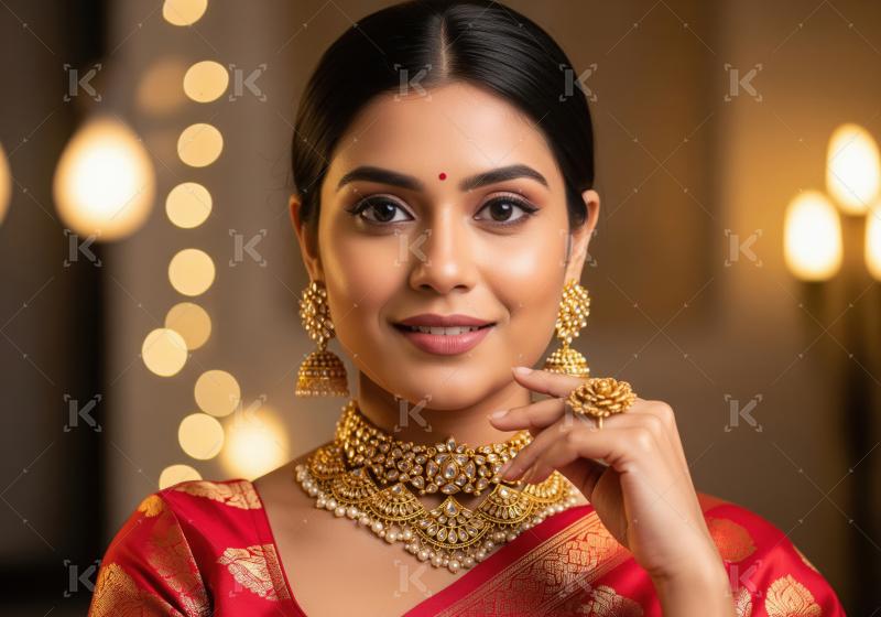 Beautiful Indian Woman Adorned in Traditional Gold Jewelry and R