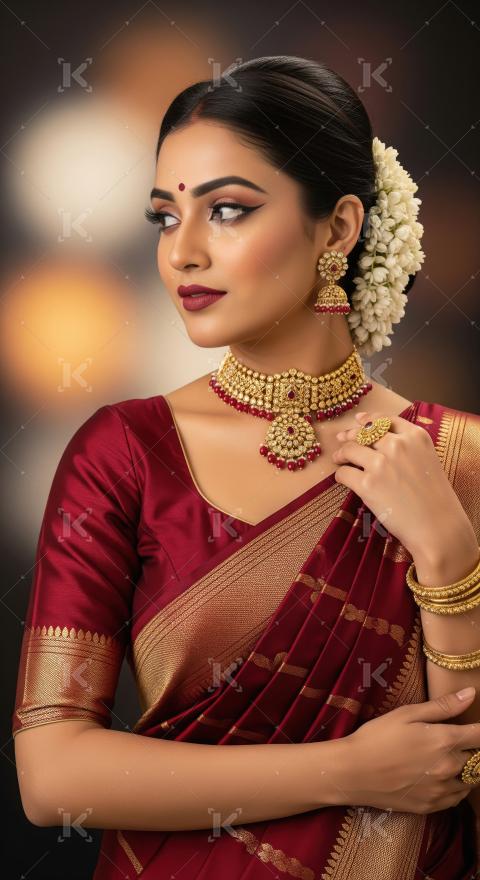 Elegant Indian Woman in Traditional Saree with Gold Jewelry
