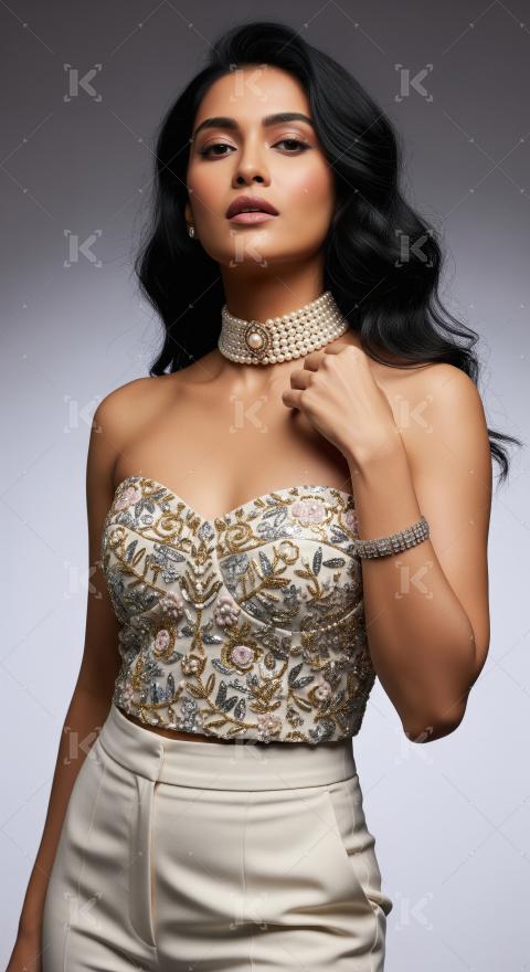Elegant Woman in Embroidered Top and Pearl Choker