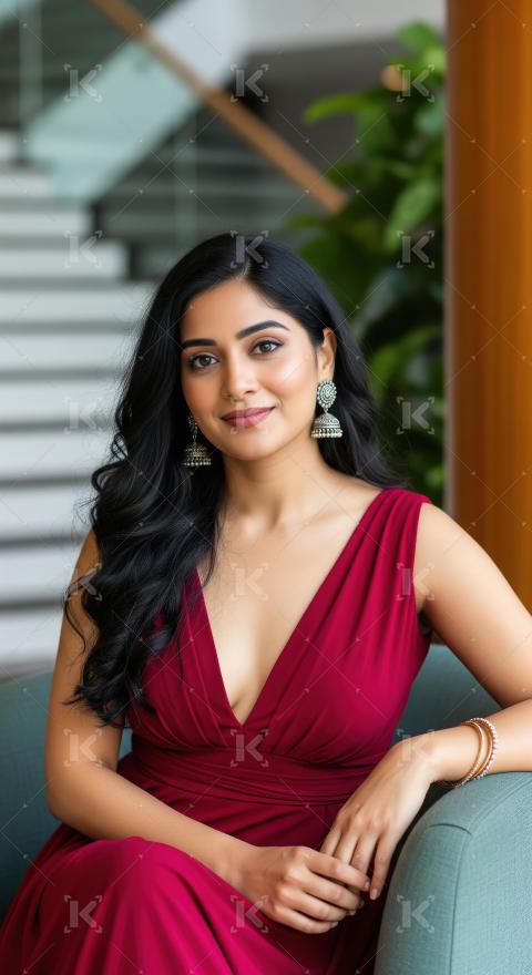 Beautiful Indian Woman Smiling in Elegant Red Traditional Dress