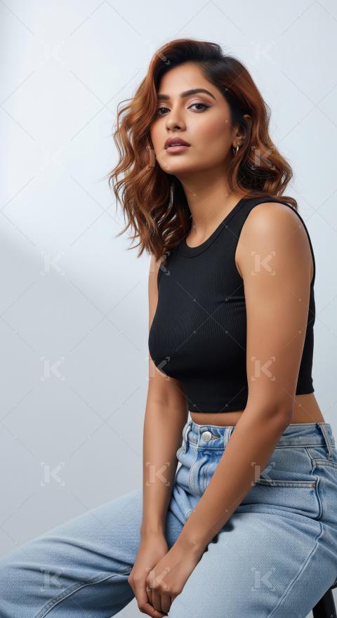 Confident Young Woman Posing in Studio, Wavy Hair, Casual Style