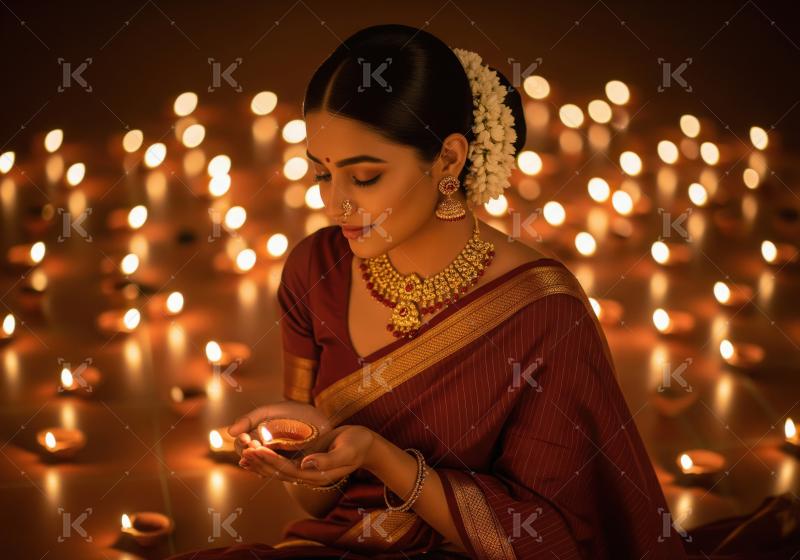 Indian Woman Holding Diya During Festive Celebration