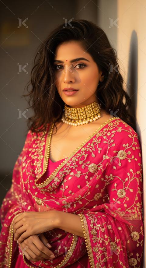 Beautiful Indian Woman in Pink Traditional Attire Golden Hour Po