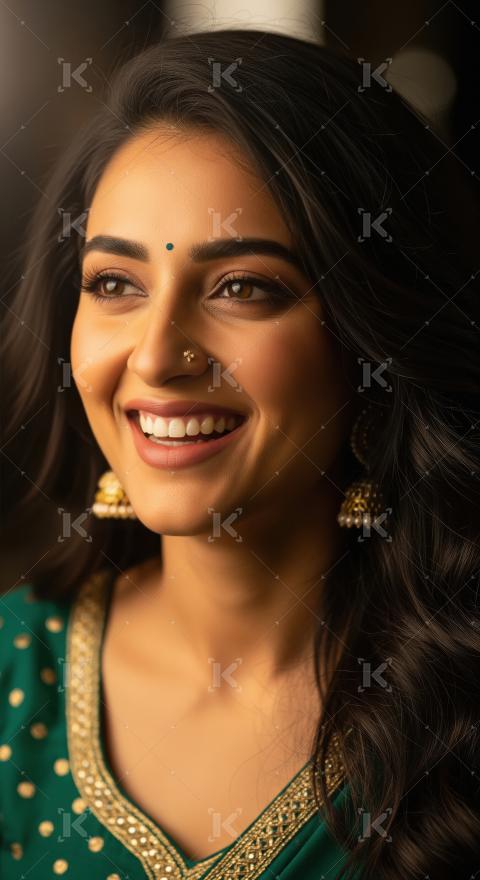 Joyful Indian Woman's Radiant Smile in Traditional Green Outfit