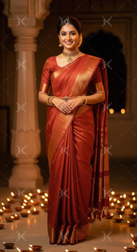 Elegant Indian Woman Celebrating Diwali in Traditional Saree and