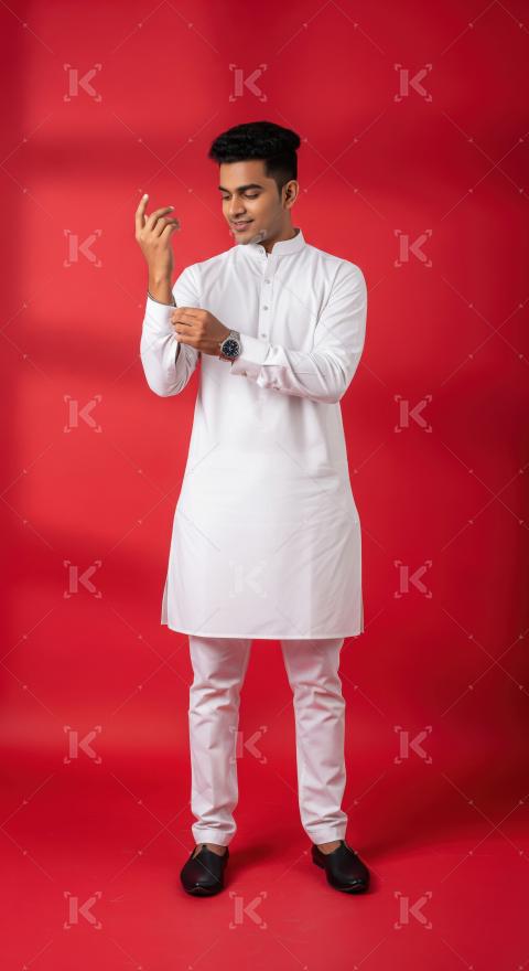 Stylish Young Man Adjusting White Kurta Cuff on Red.