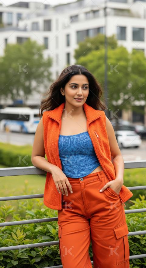 Stylish Woman in Vibrant Orange Vest and Cargo Pants