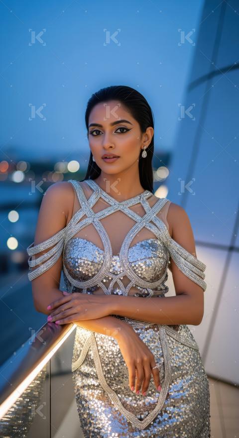 Glamorous Woman in Sequin Gown Posing Outdoors at Dusk