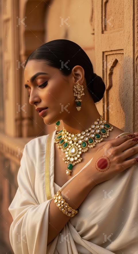 Indian Woman Adorned in Traditional Kundan Emerald Jewelry