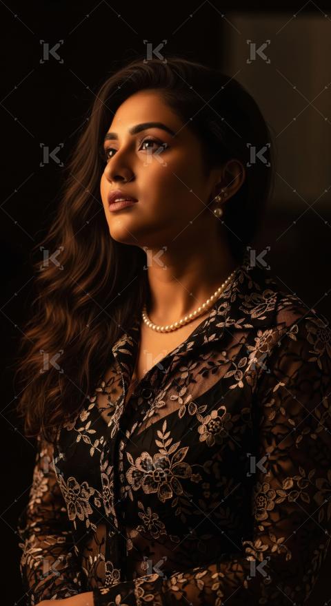 Elegant woman in lace top, pearls, gazing thoughtfully