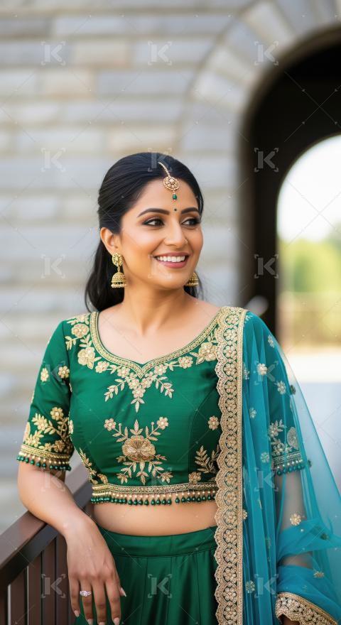 Smiling Indian Woman in Traditional Green Lehenga and Jewelry