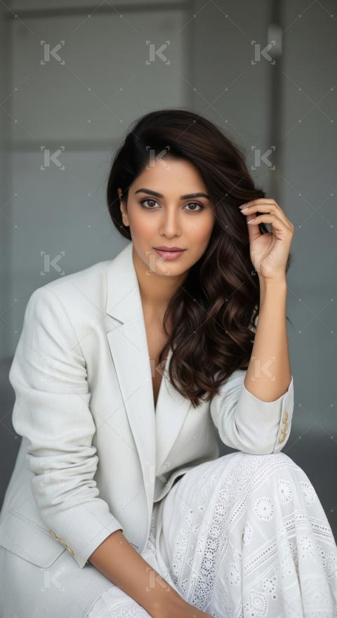 Elegant Woman in White Blazer with Confident Gaze