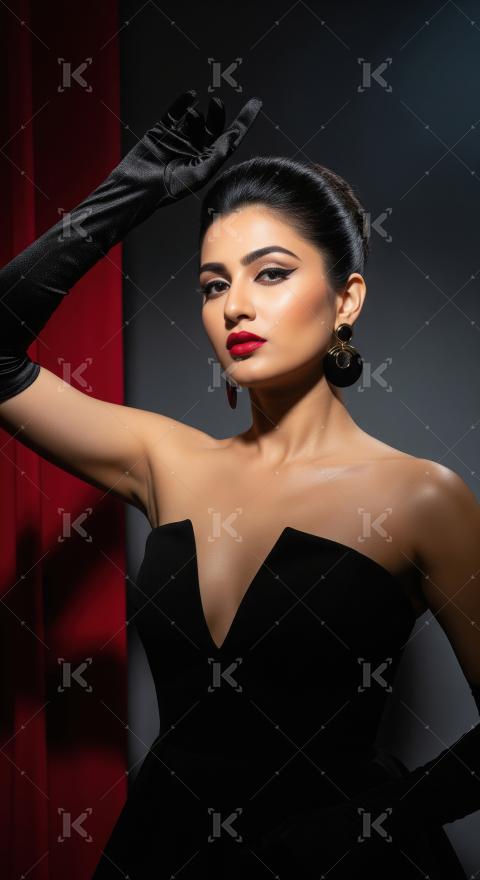 Glamorous Woman Posing Elegantly in Black Dress and Gloves