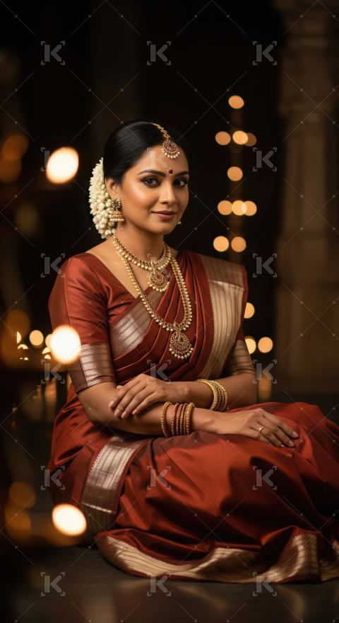 Graceful South Indian Woman in Traditional Attire and Gold Jewel