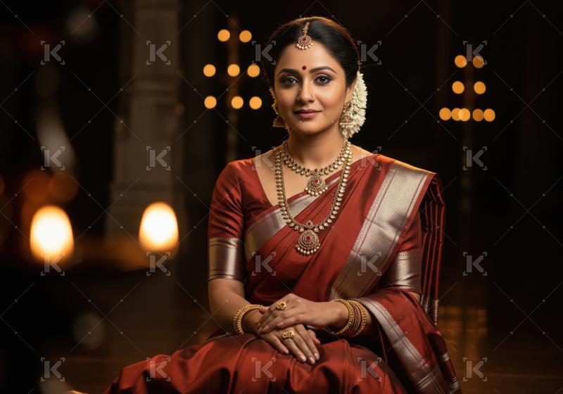 Beautiful South Indian woman in traditional red saree and gold j
