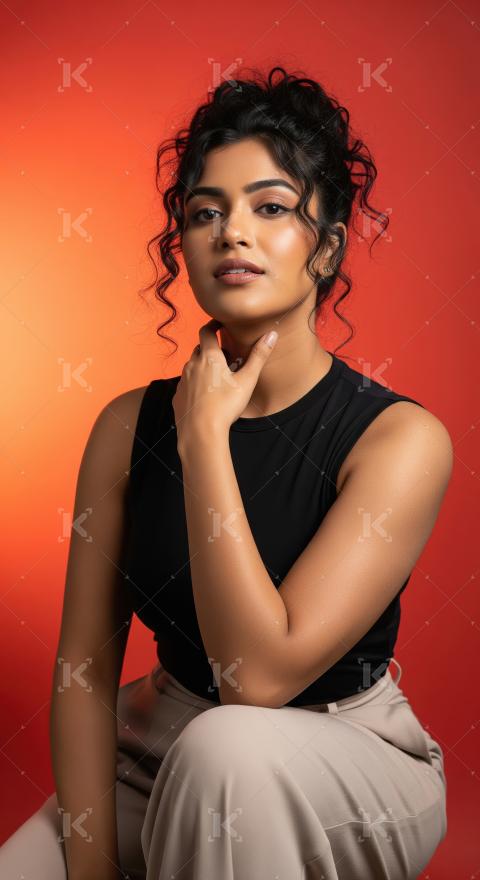 Confident Young Woman Posing Elegantly Against Vibrant Orange Ba