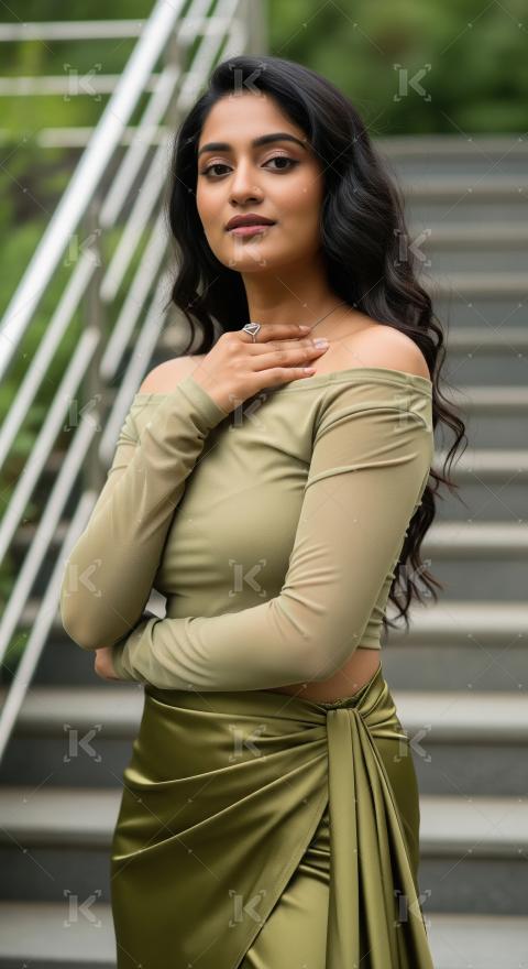 Elegant Indian Woman in Olive Green Fashion, Outdoor Portrait