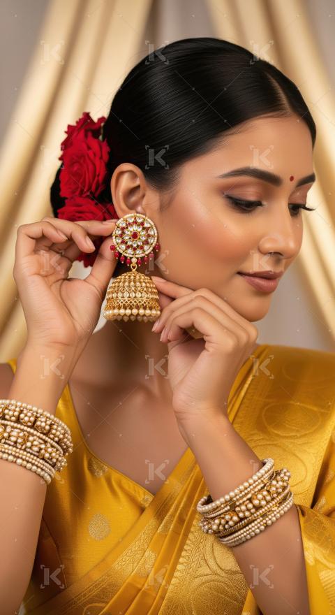 Indian Woman Adorning Exquisite Jhumka Earrings with Traditional