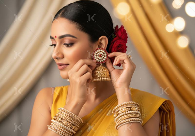 Beautiful Indian Woman Adorning Traditional Gold Jhumka Earrings