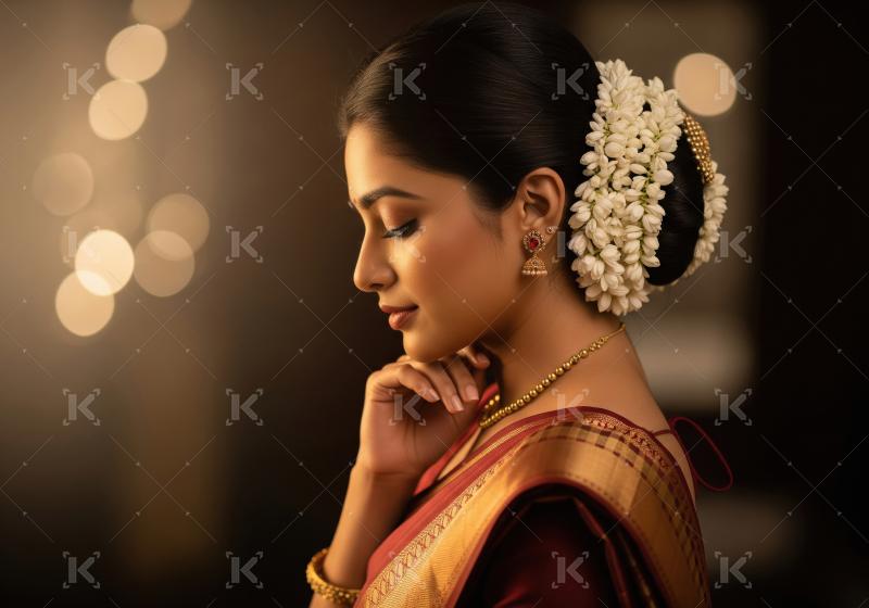 Elegant Indian Woman Adorned with Jasmine Flowers and Traditiona