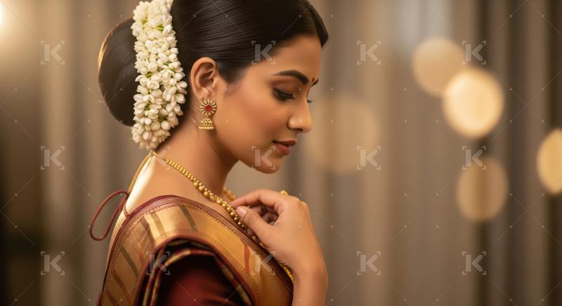 Elegant Indian Woman in Traditional Saree, Jewelry, and Jasmine