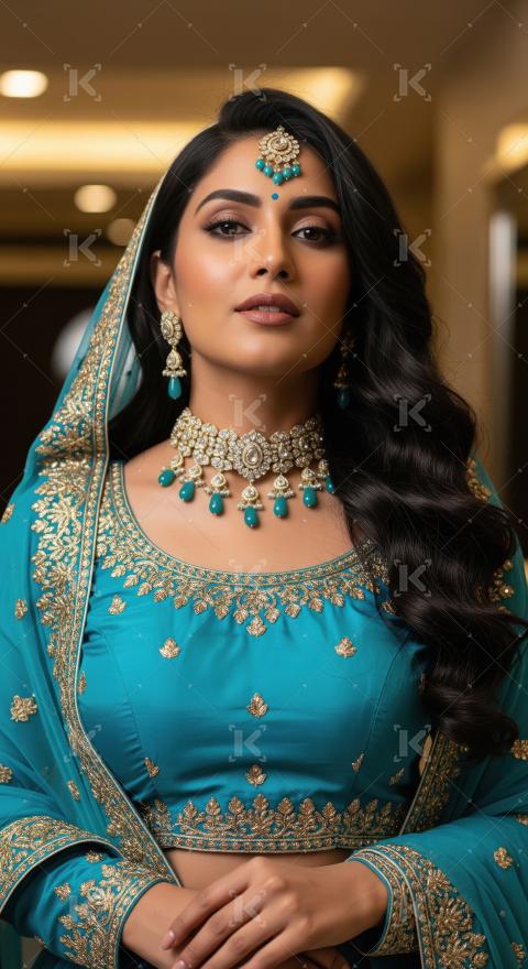 Elegant Indian Woman in Traditional Teal Attire and Gold Jewelry