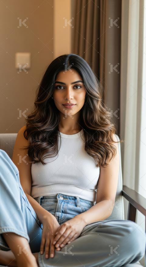 Beautiful Indian Woman Posing Serene in an Indoor Setting